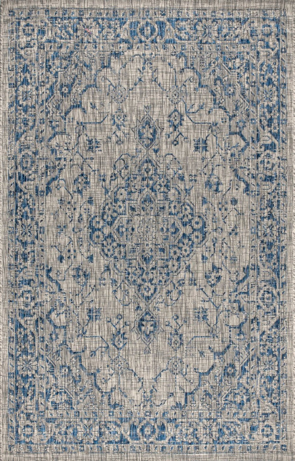HomeRoots 5' Gray and Navy Blue Medallion Indoor-Outdoor Area Rug, Durable & Stylish for Any Space 703841