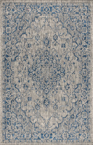 HomeRoots 5' Gray and Navy Blue Medallion Indoor-Outdoor Area Rug, Durable & Stylish for Any Space 703841