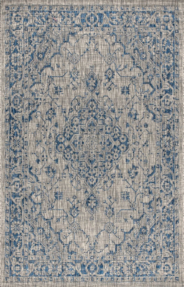 HomeRoots 5' Gray and Navy Blue Medallion Indoor-Outdoor Area Rug, Durable & Stylish for Any Space 703841
