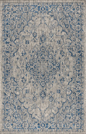 HomeRoots 5' Gray and Navy Blue Medallion Indoor-Outdoor Area Rug, Durable & Stylish for Any Space 703841