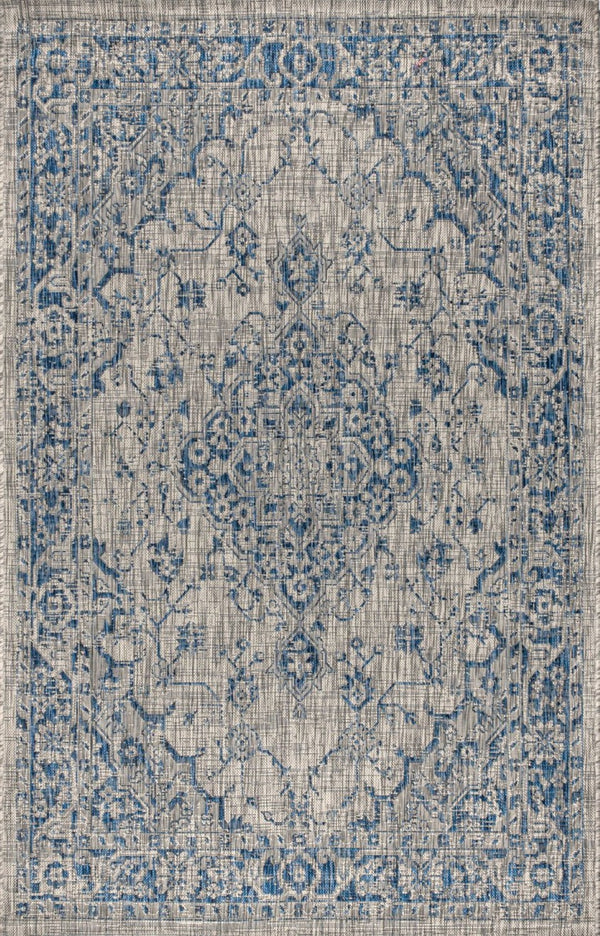 HomeRoots 5' Gray and Navy Blue Medallion Indoor-Outdoor Area Rug, Durable & Stylish for Any Space 703841