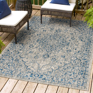 HomeRoots 5' Gray and Navy Blue Medallion Indoor-Outdoor Area Rug, Durable & Stylish for Any Space 703841
