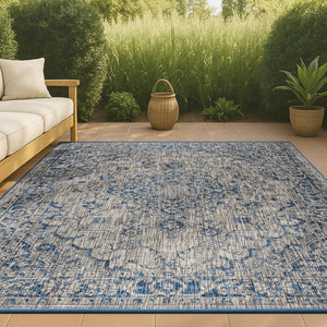 HomeRoots 8' X 10' Gray and Navy Blue Medallion Area Rug - Stylish, Durable Indoor/Outdoor Accent for Any Space 703842