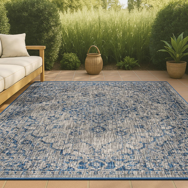 HomeRoots 8' X 10' Gray and Navy Blue Medallion Area Rug - Stylish, Durable Indoor/Outdoor Accent for Any Space 703842