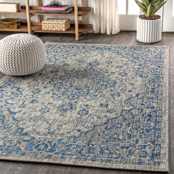 HomeRoots 8' X 10' Gray and Navy Blue Medallion Area Rug - Stylish, Durable Indoor/Outdoor Accent for Any Space 703842