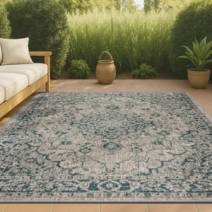 HomeRoots 5' Stylish Gray and Teal Blue Medallion Area Rug - Perfect for Indoor/Outdoor Spaces, Easy Care! 703846