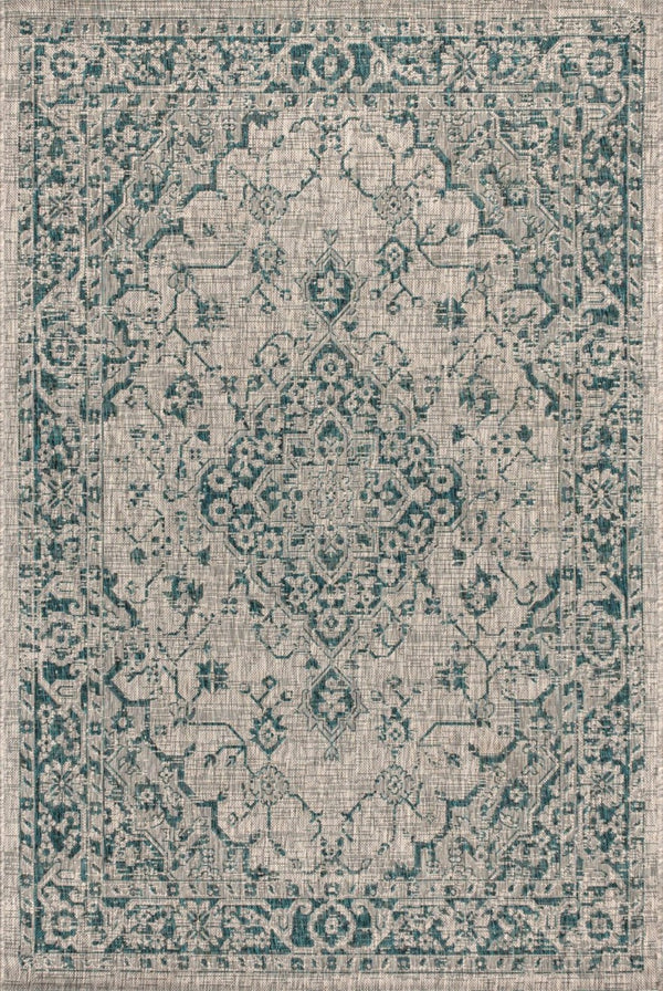 HomeRoots 5' Stylish Gray and Teal Blue Medallion Area Rug - Perfect for Indoor/Outdoor Spaces, Easy Care! 703846