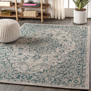 HomeRoots 5' Stylish Gray and Teal Blue Medallion Area Rug - Perfect for Indoor/Outdoor Spaces, Easy Care! 703846