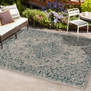 HomeRoots 5' Stylish Gray and Teal Blue Medallion Area Rug - Perfect for Indoor/Outdoor Spaces, Easy Care! 703846