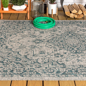 HomeRoots 8' X 10' Gray and Teal Blue Medallion Area Rug – Stylish, Durable, Indoor/Outdoor, Easy-Clean Design 703847