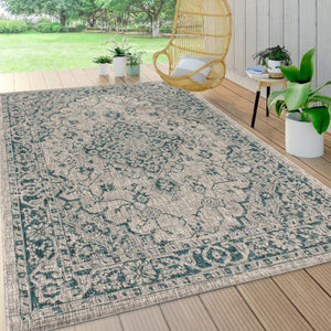 HomeRoots 8' X 10' Gray and Teal Blue Medallion Area Rug – Stylish, Durable, Indoor/Outdoor, Easy-Clean Design 703847