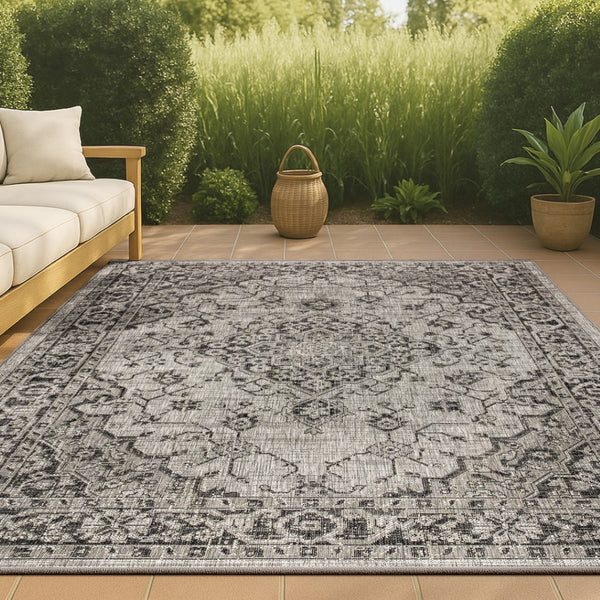 HomeRoots 8' Gray and Black Medallion Indoor Outdoor Area Rug - Durable, Stylish, Low-Maintenance for All Spaces 703852