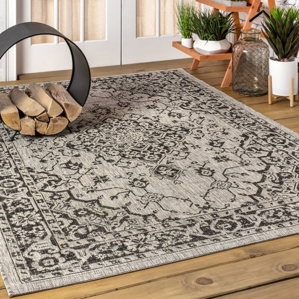 HomeRoots 8' Gray and Black Medallion Indoor Outdoor Area Rug - Durable, Stylish, Low-Maintenance for All Spaces 703852