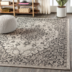 HomeRoots 8' Gray and Black Medallion Indoor Outdoor Area Rug - Durable, Stylish, Low-Maintenance for All Spaces 703852