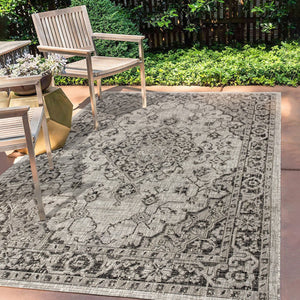 HomeRoots 8' Gray and Black Medallion Indoor Outdoor Area Rug - Durable, Stylish, Low-Maintenance for All Spaces 703852
