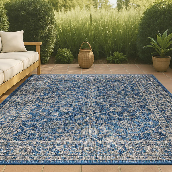 HomeRoots 5' Navy Blue and Gray Medallion Area Rug – Durable Indoor/Outdoor Design for Timeless Style & Comfort 703856