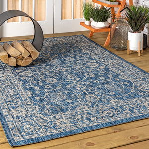 HomeRoots 5' Navy Blue and Gray Medallion Area Rug – Durable Indoor/Outdoor Design for Timeless Style & Comfort 703856