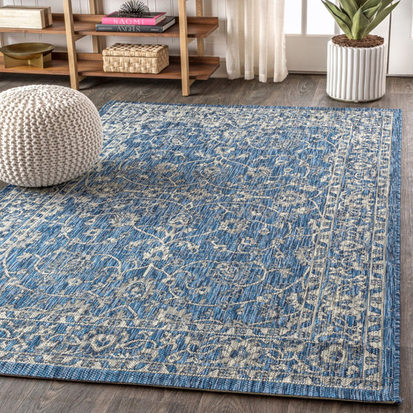 HomeRoots 5' Navy Blue and Gray Medallion Area Rug – Durable Indoor/Outdoor Design for Timeless Style & Comfort 703856