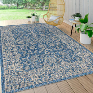HomeRoots 5' Navy Blue and Gray Medallion Area Rug – Durable Indoor/Outdoor Design for Timeless Style & Comfort 703856