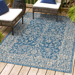 HomeRoots 5' Navy Blue and Gray Medallion Area Rug – Durable Indoor/Outdoor Design for Timeless Style & Comfort 703856
