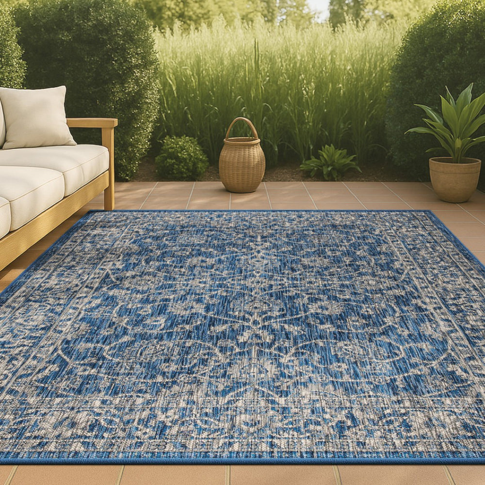 HomeRoots 8' X 10' Navy Blue and Gray Medallion Area Rug – Stylish Indoor/Outdoor Design for High-Traffic Zones 703857