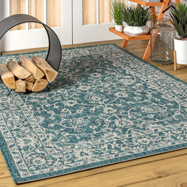 HomeRoots 5' X 8' Teal Blue and Gray Medallion Area Rug - Stylish Indoor/Outdoor Decor for Any Space 703861