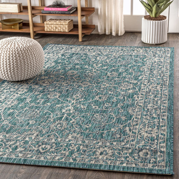 HomeRoots 5' X 8' Teal Blue and Gray Medallion Area Rug - Stylish Indoor/Outdoor Decor for Any Space 703861