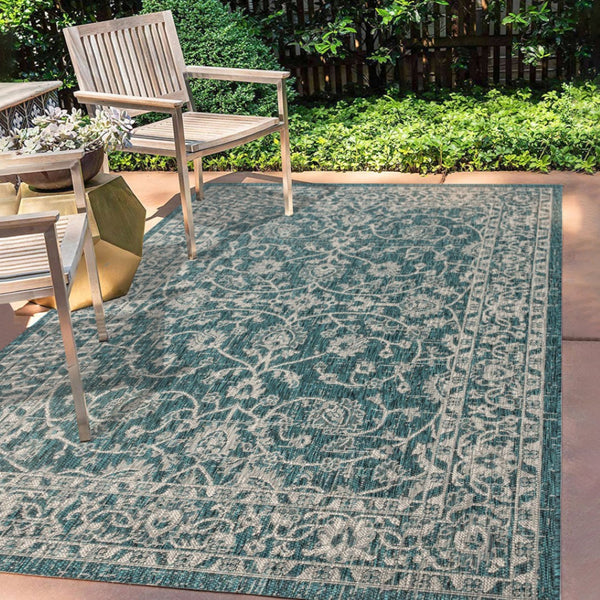 HomeRoots 5' X 8' Teal Blue and Gray Medallion Area Rug - Stylish Indoor/Outdoor Decor for Any Space 703861