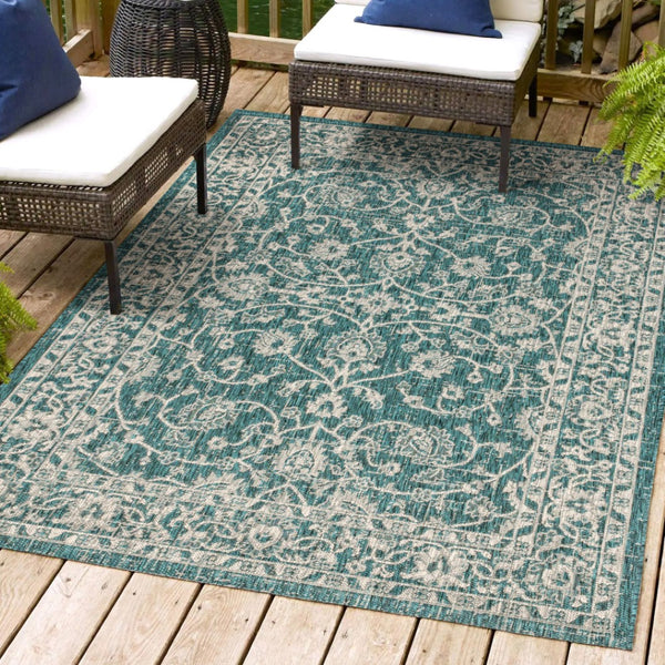 HomeRoots 5' X 8' Teal Blue and Gray Medallion Area Rug - Stylish Indoor/Outdoor Decor for Any Space 703861