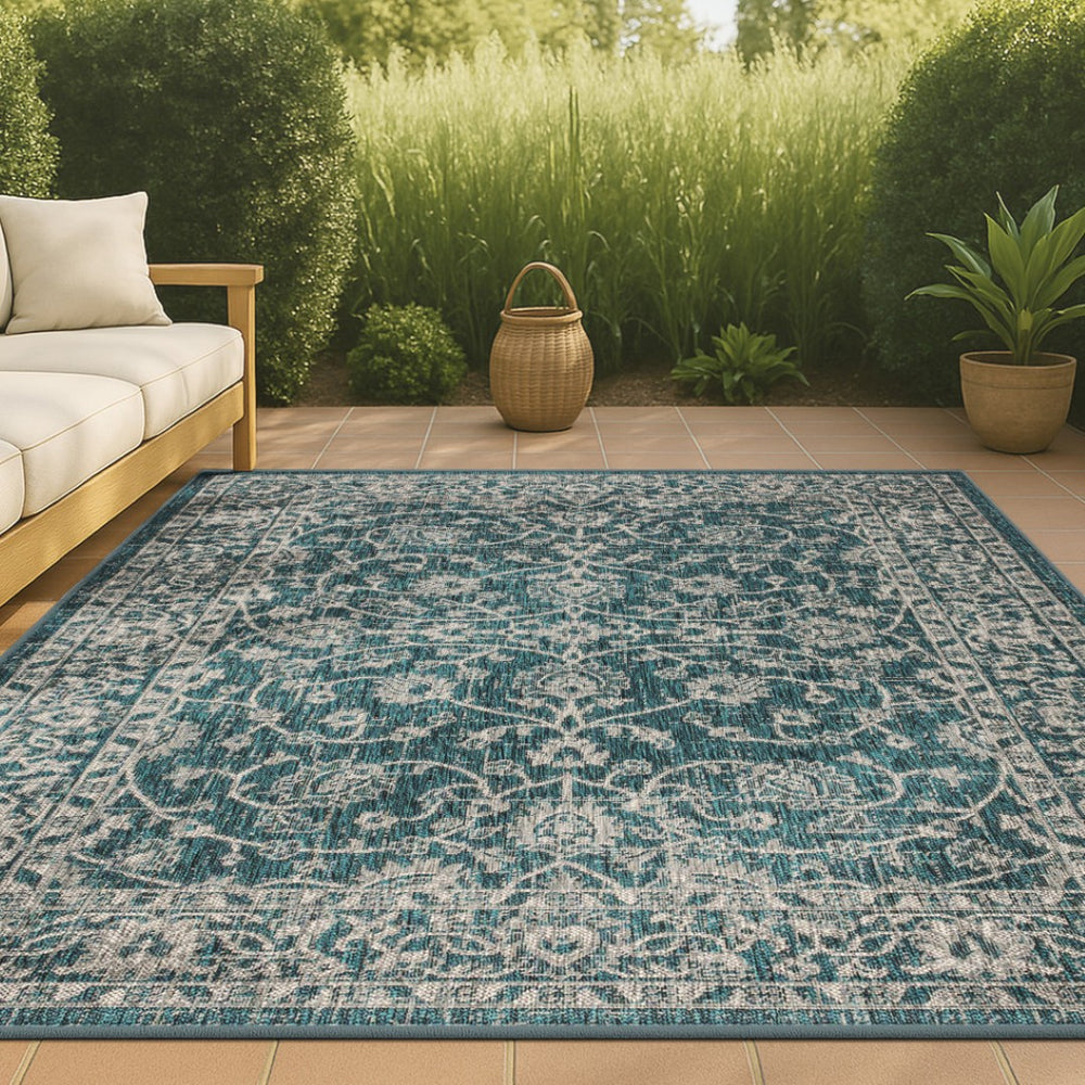 HomeRoots 8' X 10' Teal Blue and Gray Medallion Area Rug - Stylish, Durable, Indoor/Outdoor Comfort for Any Space! 703862