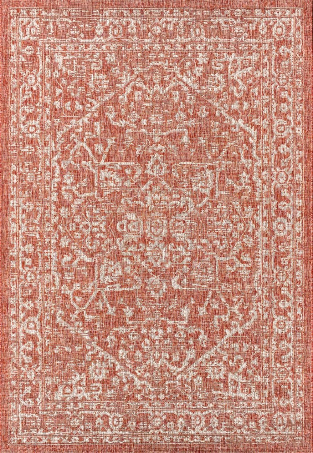 HomeRoots 5' Medallion Indoor Outdoor Area Rug in Red and Taupe - Stylish, Durable & Low-Maintenance Design 703866