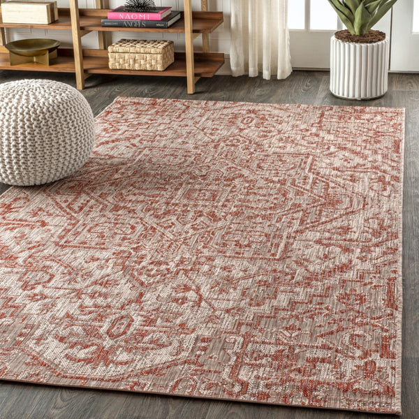 HomeRoots 5' x 8' Red and Taupe Medallion Area Rug – Stylish Indoor/Outdoor Design for Any Space, Durable & Easy Care 703876