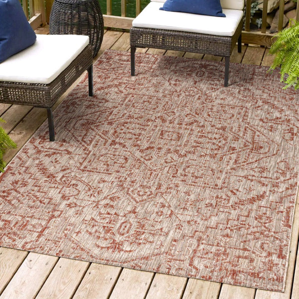 HomeRoots 5' x 8' Red and Taupe Medallion Area Rug – Stylish Indoor/Outdoor Design for Any Space, Durable & Easy Care 703876