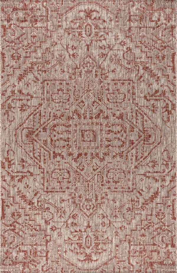 HomeRoots 8' X 10' Medallion Area Rug - Stylish Red & Taupe Design for Indoor/Outdoor Use, Durable & Easy Care 703877
