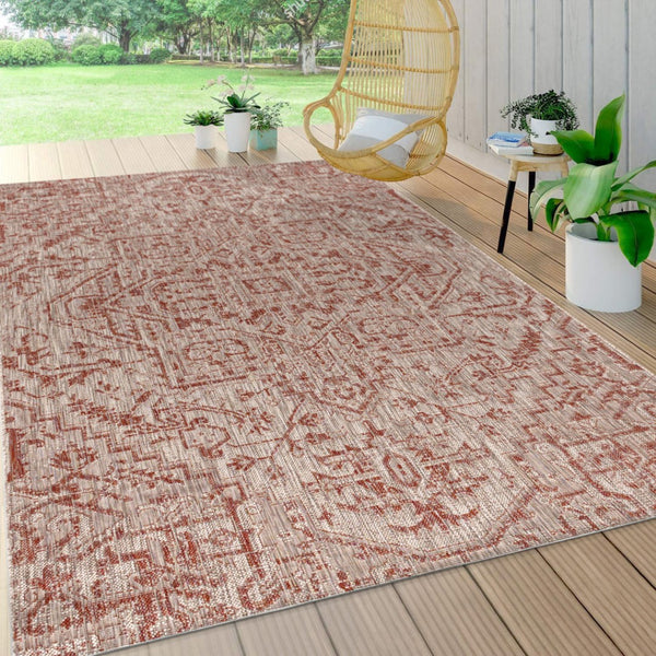 HomeRoots 8' X 10' Medallion Area Rug - Stylish Red & Taupe Design for Indoor/Outdoor Use, Durable & Easy Care 703877