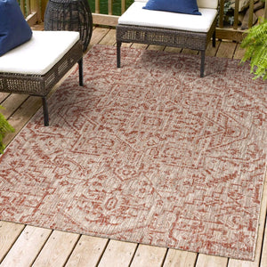 HomeRoots 8' X 10' Medallion Area Rug - Stylish Red & Taupe Design for Indoor/Outdoor Use, Durable & Easy Care 703877