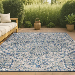 HomeRoots 8' Navy Blue and Gray Medallion Area Rug - Indoor/Outdoor Elegance, Durable, Low Maintenance Design 703882