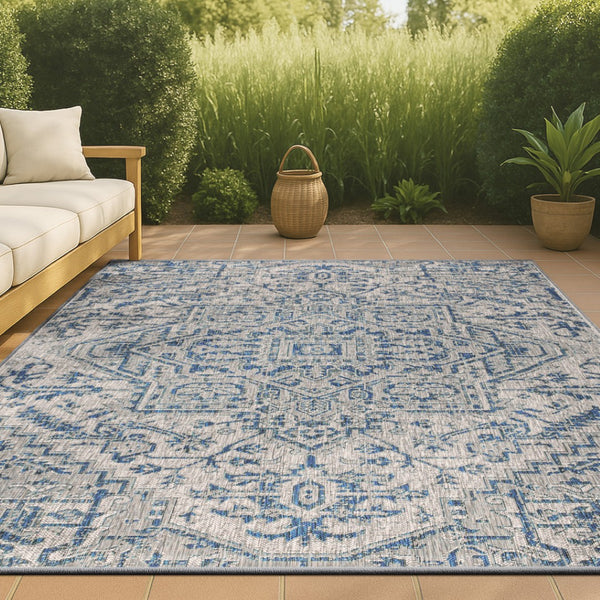 HomeRoots 8' Navy Blue and Gray Medallion Area Rug - Indoor/Outdoor Elegance, Durable, Low Maintenance Design 703882