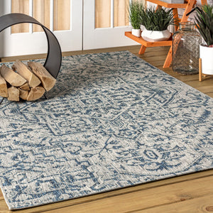 HomeRoots 8' Navy Blue and Gray Medallion Area Rug - Indoor/Outdoor Elegance, Durable, Low Maintenance Design 703882