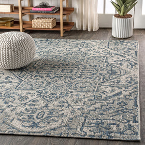 HomeRoots 8' Navy Blue and Gray Medallion Area Rug - Indoor/Outdoor Elegance, Durable, Low Maintenance Design 703882