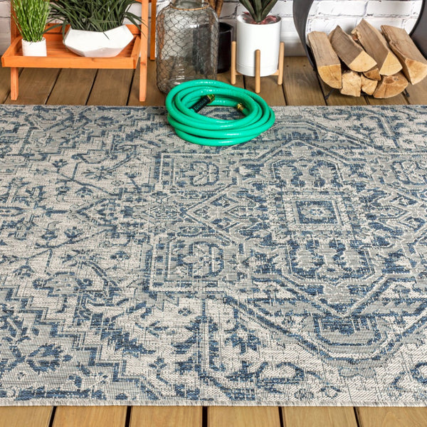 HomeRoots 8' Navy Blue and Gray Medallion Area Rug - Indoor/Outdoor Elegance, Durable, Low Maintenance Design 703882