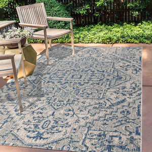 HomeRoots 8' Navy Blue and Gray Medallion Area Rug - Indoor/Outdoor Elegance, Durable, Low Maintenance Design 703882