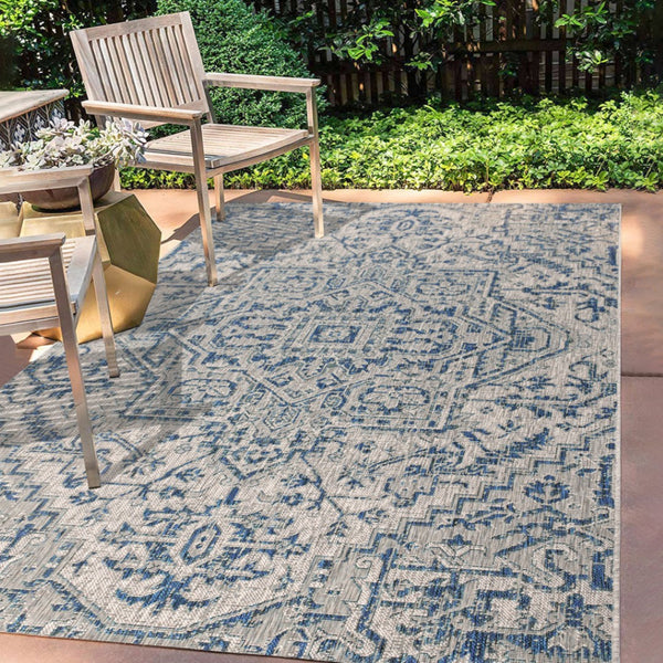 HomeRoots 8' Navy Blue and Gray Medallion Area Rug - Indoor/Outdoor Elegance, Durable, Low Maintenance Design 703882