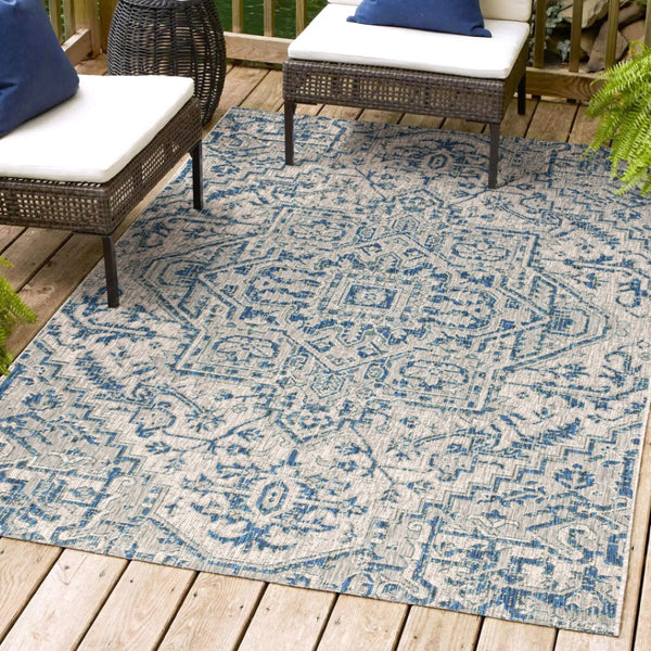 HomeRoots 8' Navy Blue and Gray Medallion Area Rug - Indoor/Outdoor Elegance, Durable, Low Maintenance Design 703882