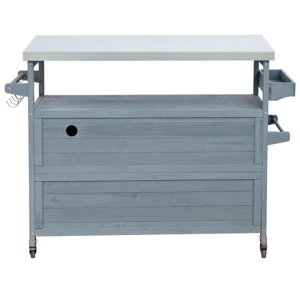 English Elm K&K Outdoor Kitchen Island Rolling Bar Cart with 1.2" Stainless Steel Top, Ample Storage, Wheels and Spice Rack Grey+Blue WF532198AAG
