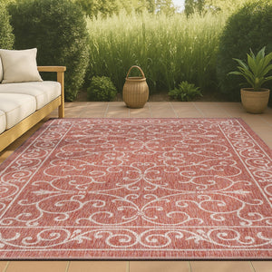 HomeRoots 5' X 8' Red And Beige Medallion Area Rug – Versatile Indoor/Outdoor Design for Timeless Elegance 703901