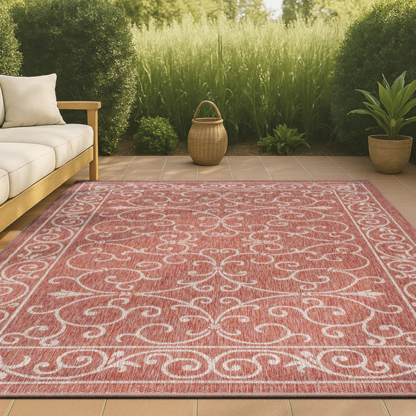 HomeRoots 5' X 8' Red And Beige Medallion Area Rug – Versatile Indoor/Outdoor Design for Timeless Elegance 703901