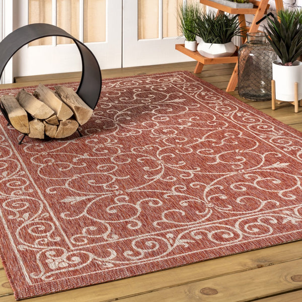 HomeRoots 5' X 8' Red And Beige Medallion Area Rug – Versatile Indoor/Outdoor Design for Timeless Elegance 703901