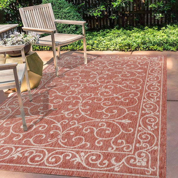 HomeRoots 5' X 8' Red And Beige Medallion Area Rug – Versatile Indoor/Outdoor Design for Timeless Elegance 703901