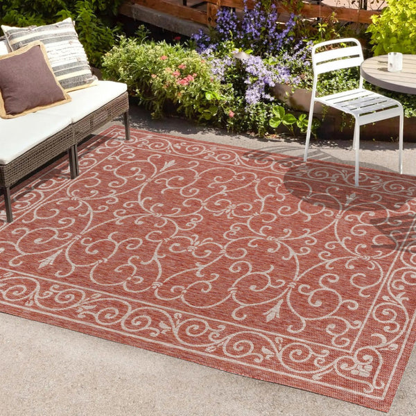HomeRoots 5' X 8' Red And Beige Medallion Area Rug – Versatile Indoor/Outdoor Design for Timeless Elegance 703901